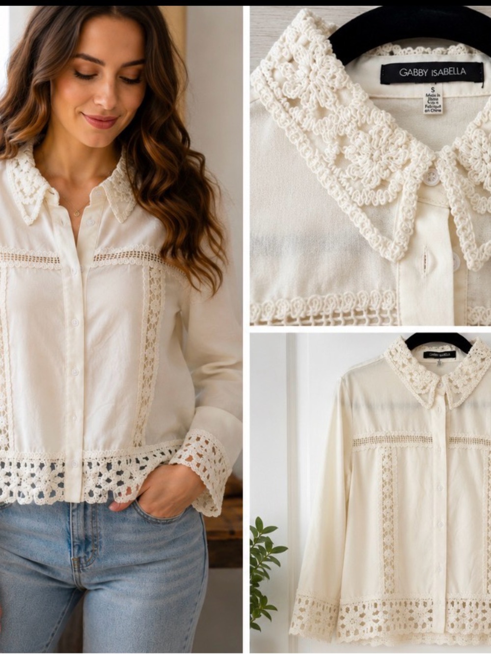 Gabby Isabella White Crochet Collar Blouse